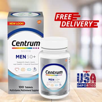 Centrum Silver Men 50+ multivitamin packaging with a free delivery offer on a blurred background.