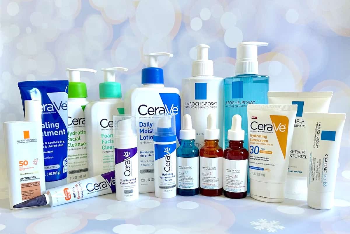 Collection of CeraVe skincare and la roche products on a light background