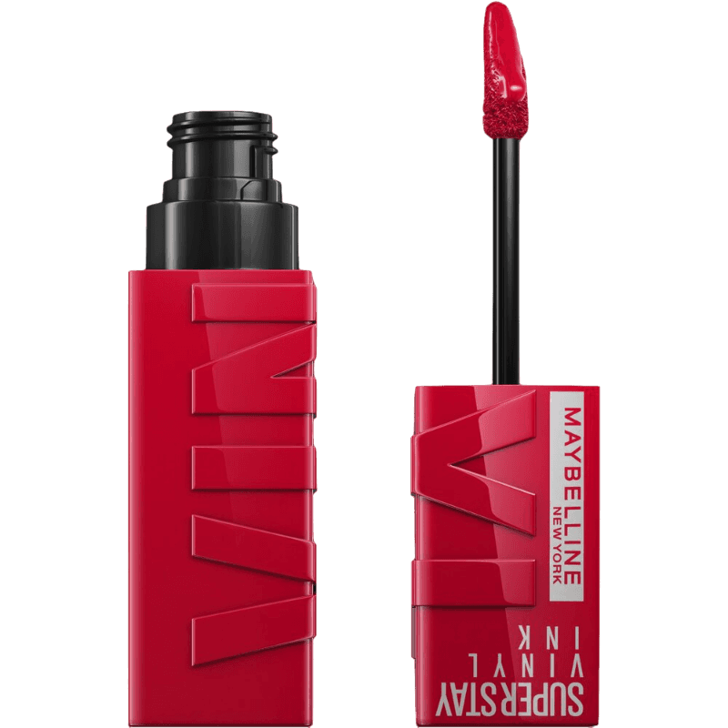 Maybelline SuperStay Vinyl Ink lip color in a red shade, with the product packaging