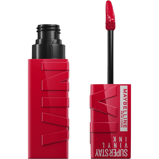 Maybelline SuperStay Vinyl Ink lip color in a red shade, with the product packaging