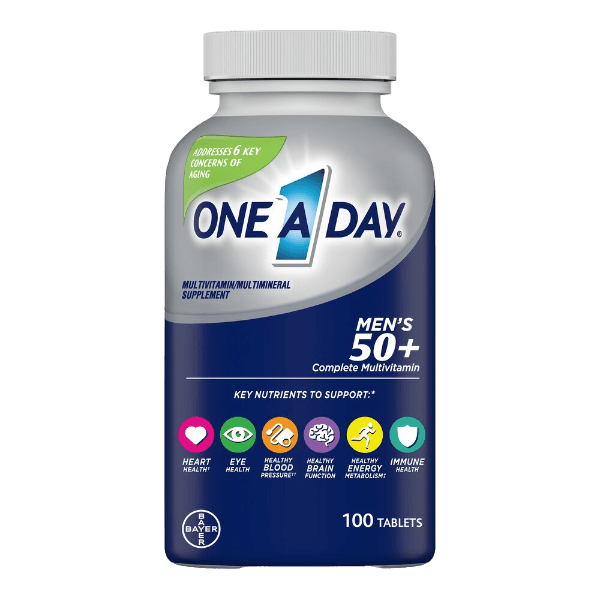 One A Day Men 50+ Multivitamin supplement packed in a bottle