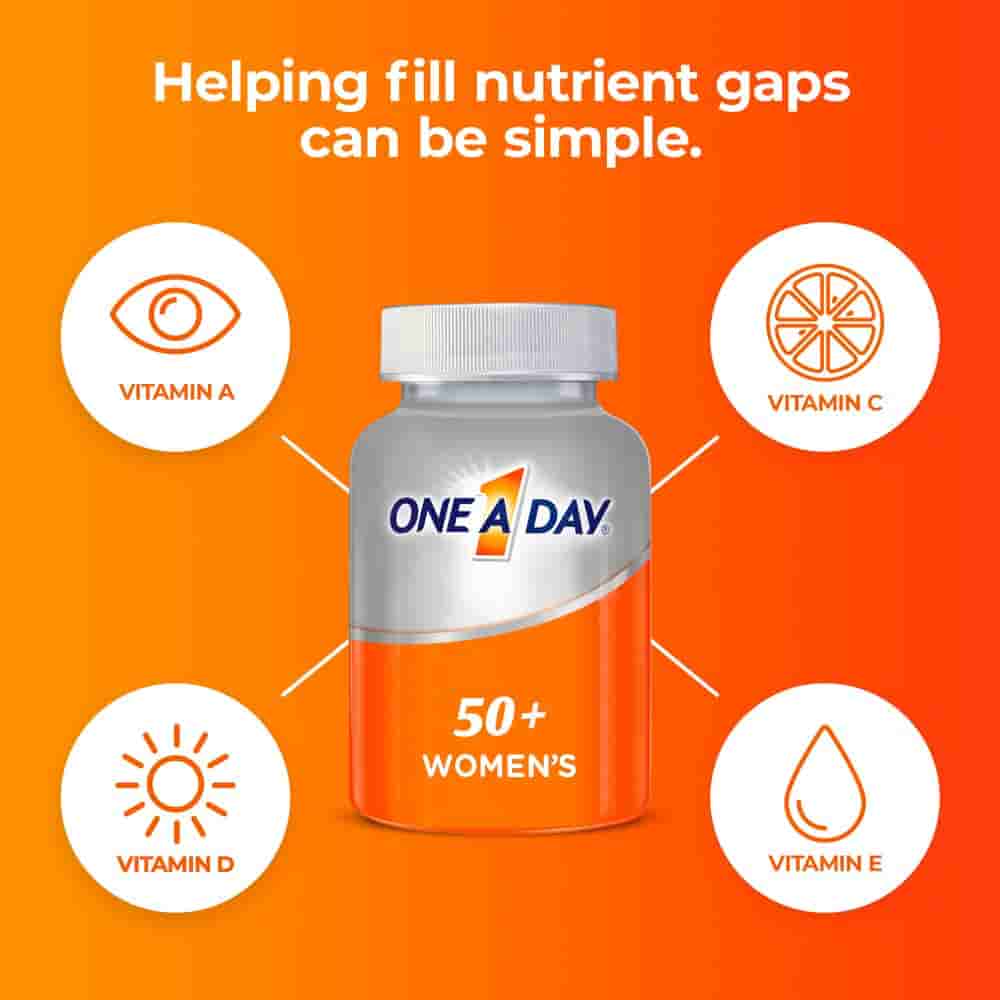One A Day Women 50 plus multivitamins supplement rich with vitamins packaging on display.
