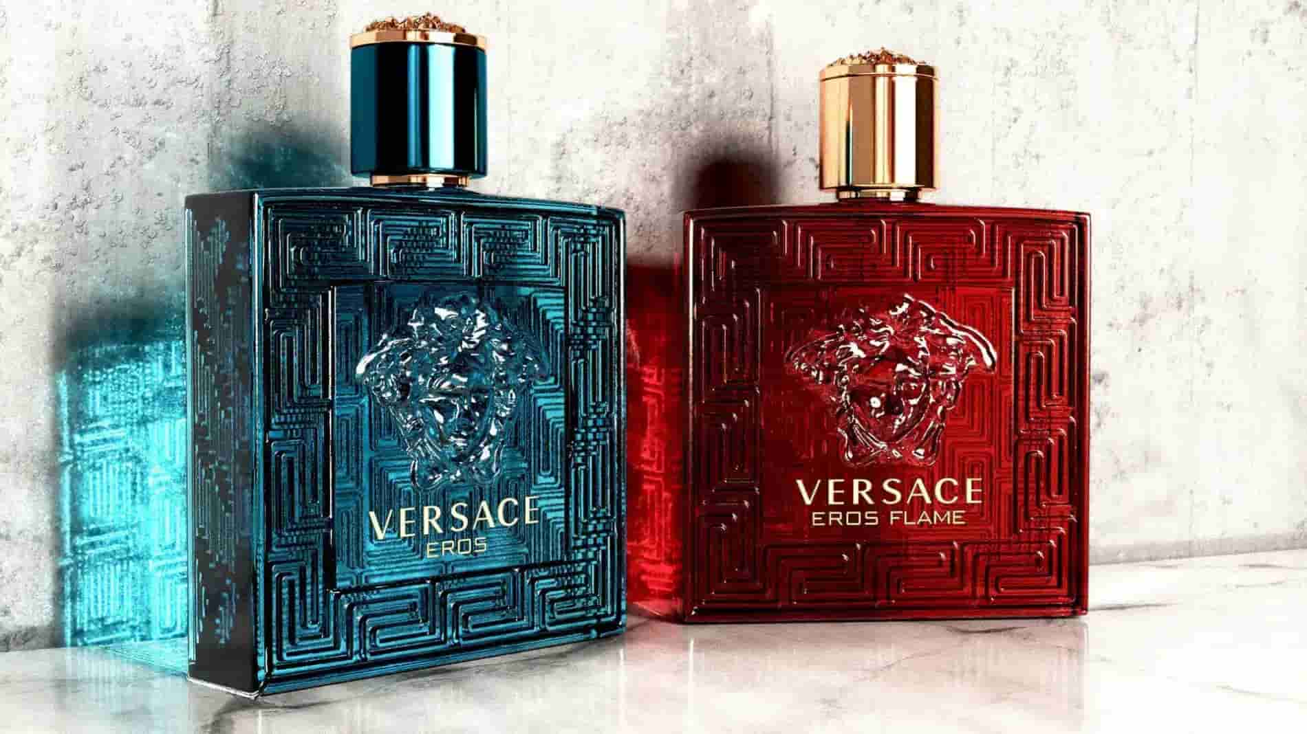 Versace Eros and Versace Eros Flame men’s fragrances bottles on display