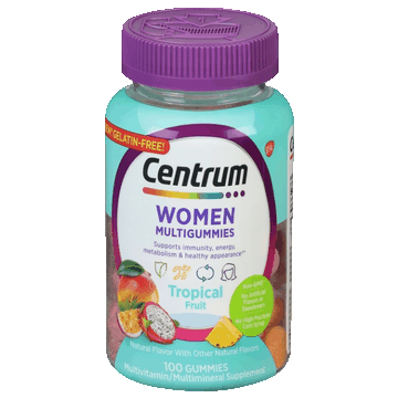 Centrum Women Multigummies Tropical Fruit multivitamin bottle on a white background