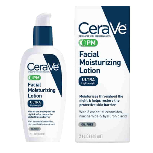 cerave pm facial lotion bottle with box in a white background