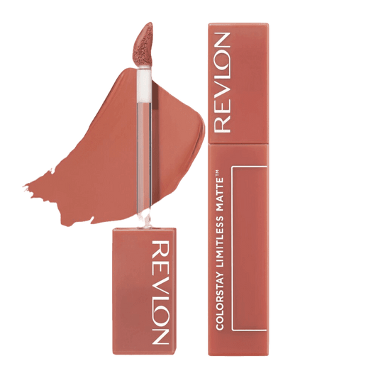 Revlon ColorStay Limitless Matte Lipstick with product packaging alongside. 
