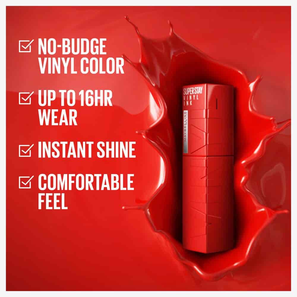 Red vinyl color product with features listed on a red background