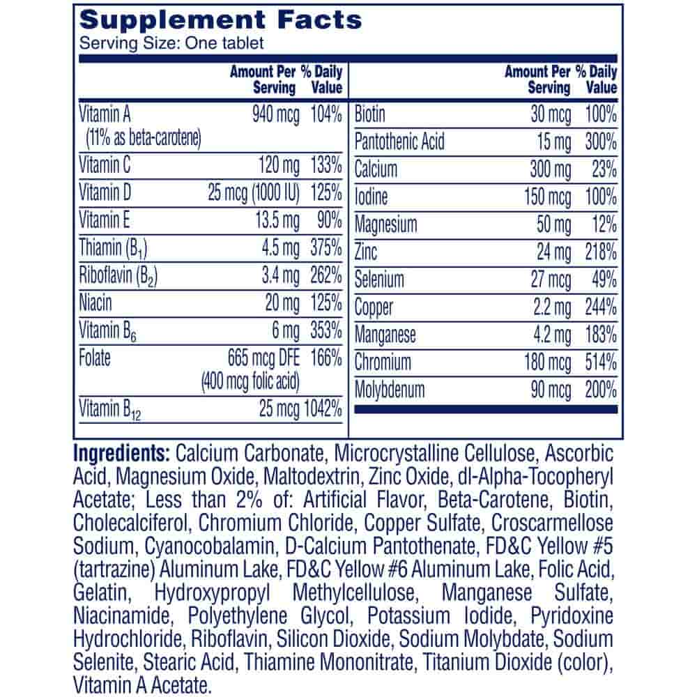 Supplement facts panel of One A Day Women 50+ multivitamin tablets.
